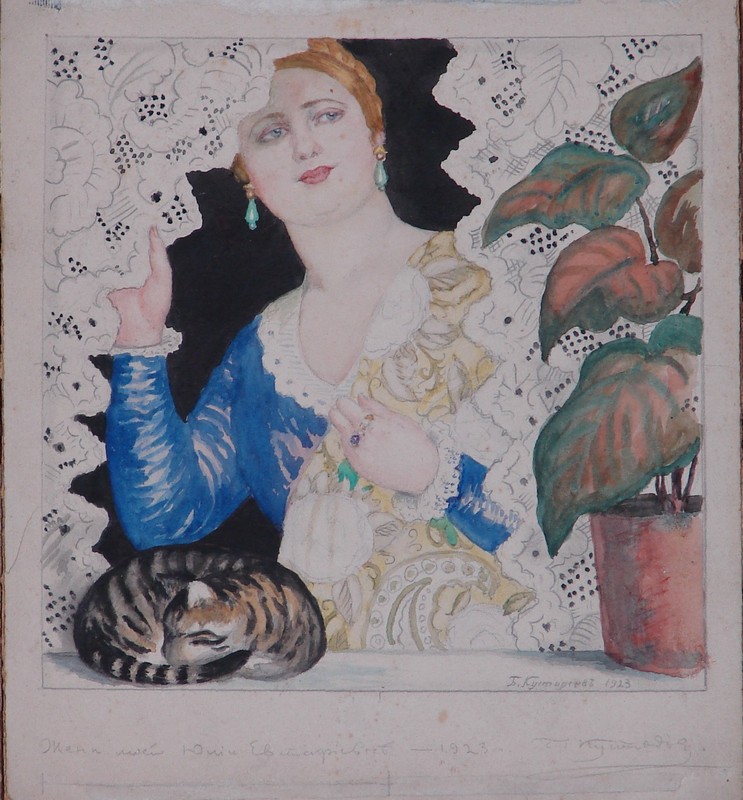 7.  Кустодиев Б.М. Женский портрет. Девушка у окна. 1923. Бумага на картоне, акварель, гуашь.